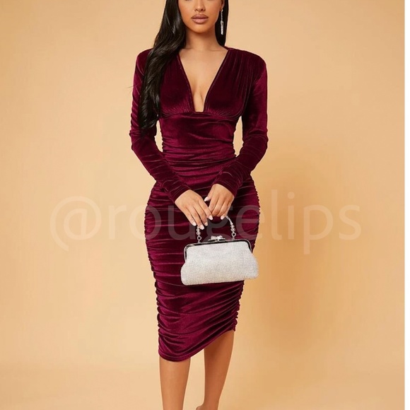 Deep V Neck Ruched Velvet Burgundy Long Sleeve Midi Dress  Padded Shoulder - Picture 1 of 10